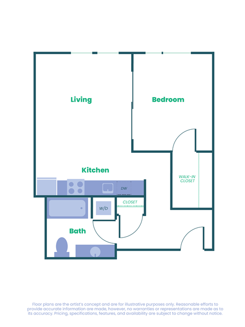 Floor plan for 1 bed, 1 bath, 662 sqft